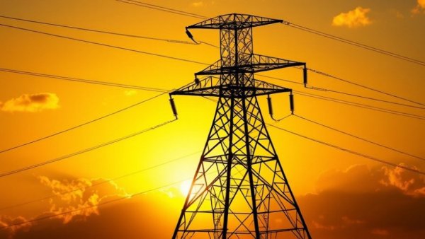 Silhouetted power line tower against golden sky, representing future technology.