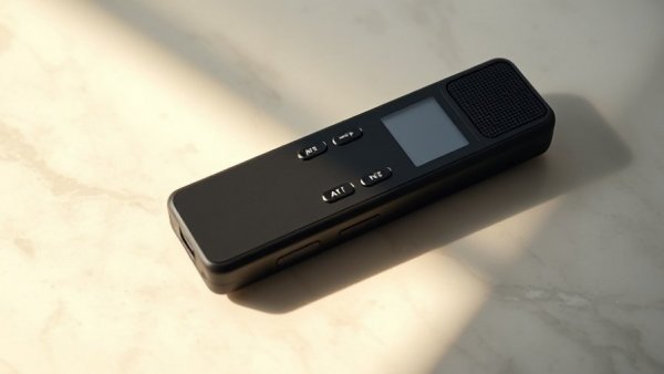 AI-powered voice recorder on marble surface with shadow play.