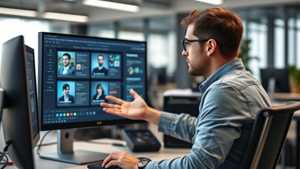 Person discussing AI creativity in a modern tech environment.