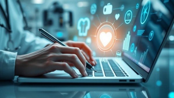 AI Healthcare Solutions: hands using laptop with digital healthcare interface.