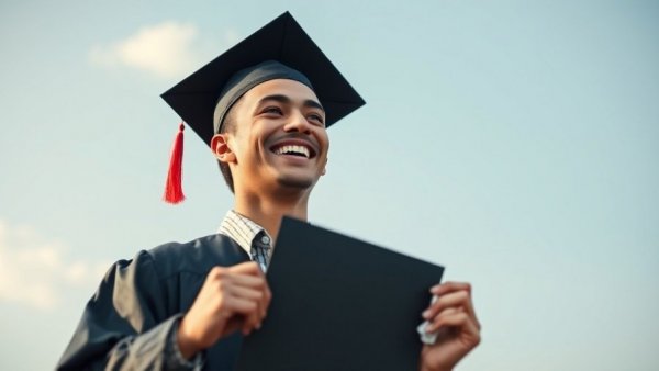 Graduate celebrating achievement with diploma, clear sky.