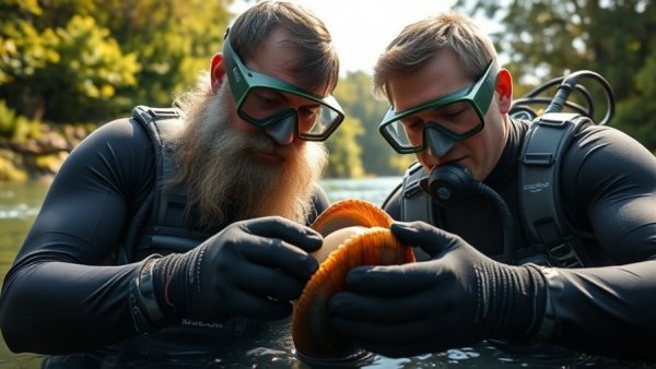 Two divers at Nashville Zoo examining mussel in river.