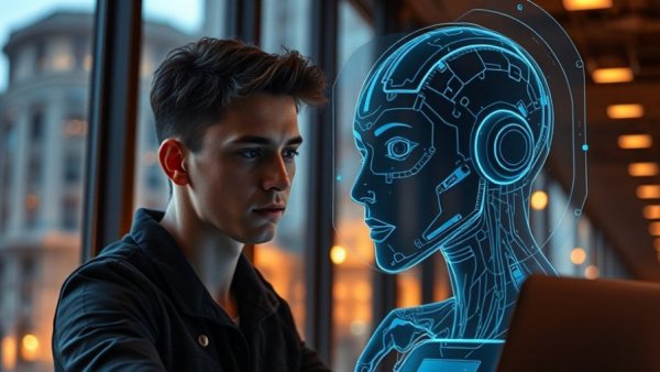 AI and the Workforce: Man collaborating with AI in an office setting.