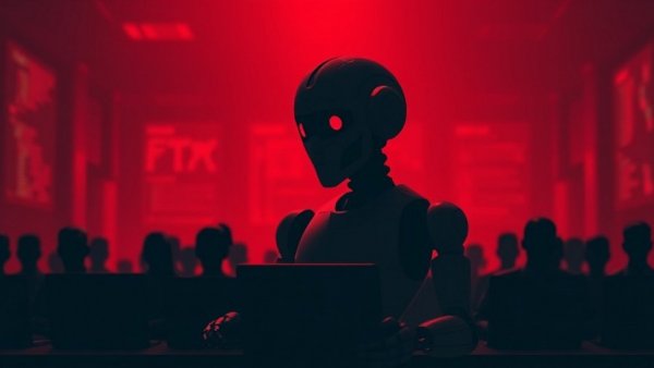 Minimalistic AI overseeing workers with laptops symbolizing technology trends.