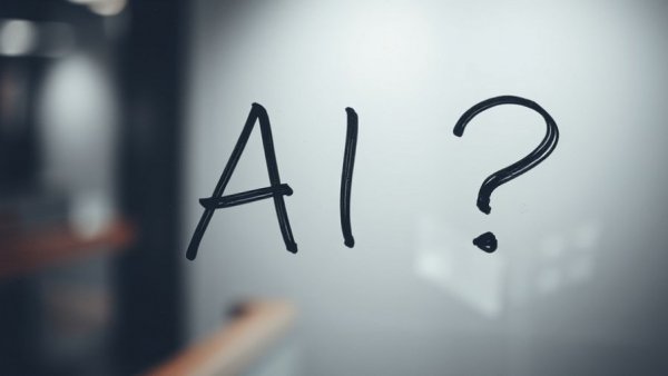 Handwritten 'AI?' on glass reflecting on AI society impact.