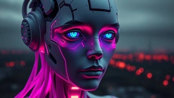 AI-generated content futuristic humanoid with pixelated face.