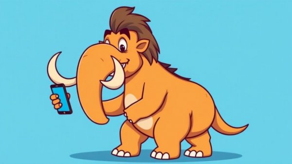 Mastodon cartoon character with smartphone, Mastodon social network theme.