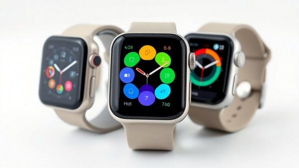 Three Apple Watches showcasing health metrics and colorful displays.