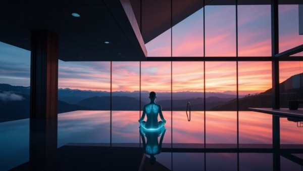 Futuristic glowing humanoid in a modern space, illustrating AI cultural influence.
