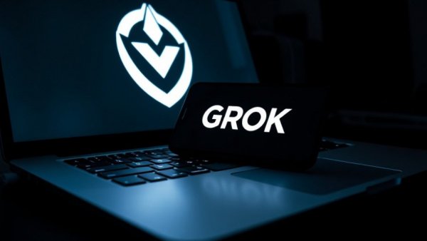 GROK logo on smartphone and laptop, AI chatbot content regulation concept.
