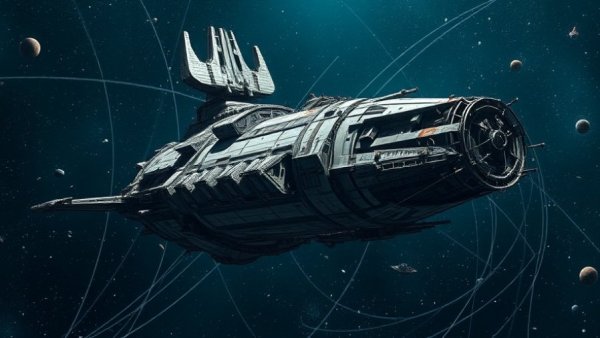 Futuristic space station drift in cosmic vastness, AI society impact.