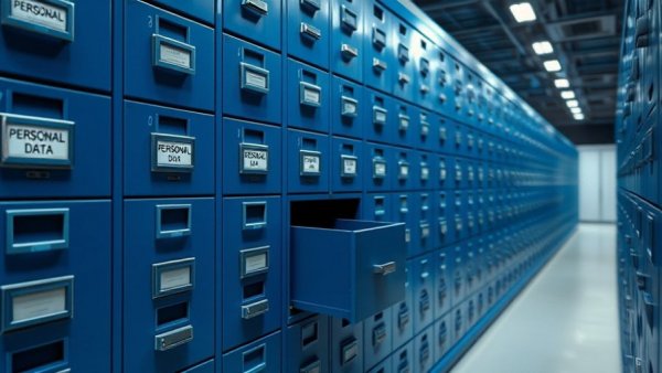 Blue personal data cabinets in rows, illustrating data privacy.