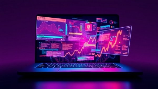 Futuristic digital interfaces on laptop, concept for social app to fix social media.