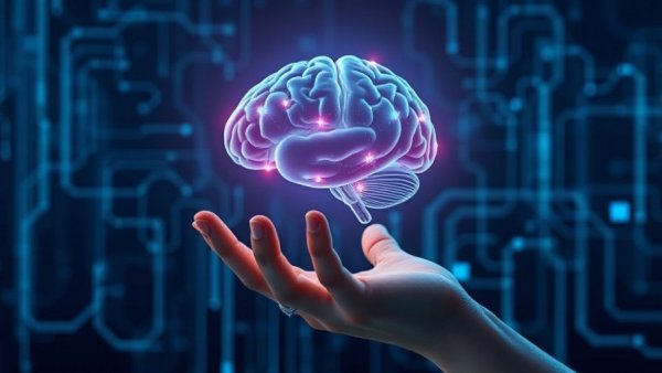 Futuristic AI concept showing virtual brain and digital network, AI technology trends