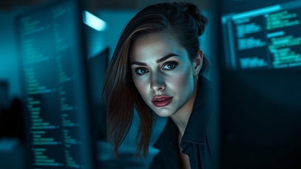 Focused woman analyzing code, related to security debt in healthcare, in a dimly lit office.