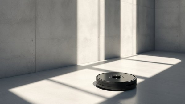 Modern AI-powered vacuum cleaners on a minimalist floor.