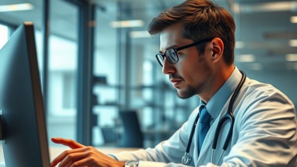 Doctor contemplating Advanced Persistent Threats in Healthcare on computer screen.