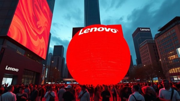 Large Lenovo digital display in urban setting with crowd