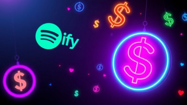 Glowing neon Spotify and currency symbols for monetization