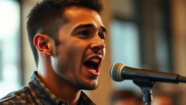 AI creativity speaker, engaged expression, discussing with microphone.