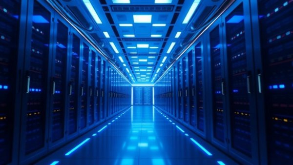 Futuristic data center corridor showcasing liquid cooling technologies.