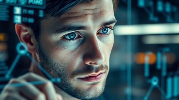 Man examining digital interface reflecting technology elements.