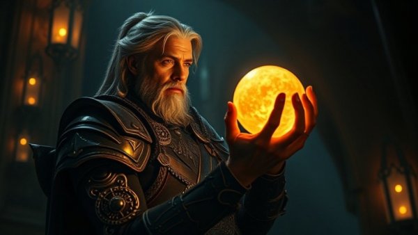 Fantasy character in armor holding a glowing orb, reflecting on AI Ethics in Game Development.