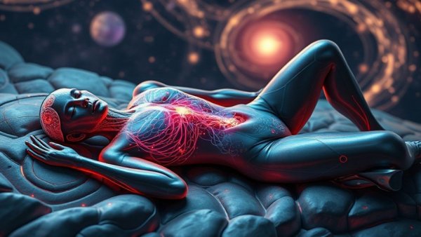 AI technology visualized in a cosmic sleep setting, predicting disease risks.