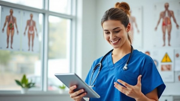 Healthcare professional in blue scrubs using a tablet.