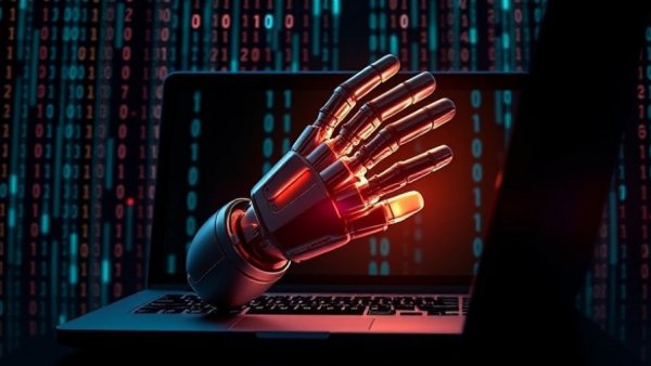 Futuristic robotic hand emerging from laptop screen, binary background, AI tech.