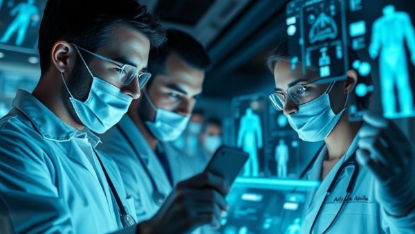 AI in healthcare: professionals analyzing futuristic medical data in holograms.