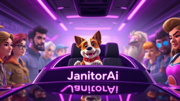 Dog in JanitorAI car amidst digital profiles, purple glow.