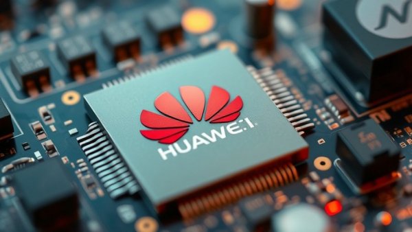 Close-up of Huawei chip and logo with Chinese flag on circuit board, Zhipu AI Huawei chips.