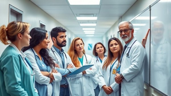 Healthcare professionals discussing AI healthcare solutions in a hospital corridor.