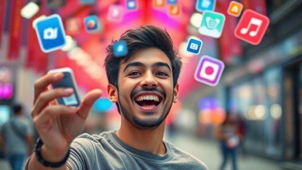 Cheerful man engaging with AI creativity tools app icons.