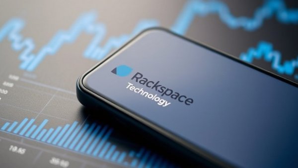 Rackspace Technology logo on smartphone with financial chart backdrop.