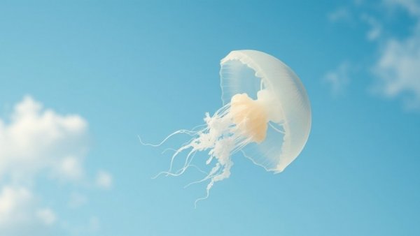 Ethereal jellyfish floating in a blue sky, captured like a scene from Google AI videomaker.