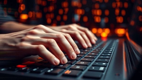 Dynamic blurred hands typing with binary code overlay, AI coding agents.