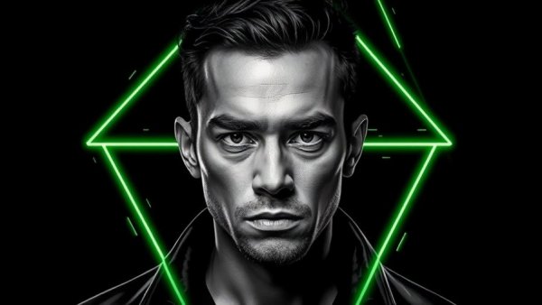 AI in gaming concept with neon geometric design and portrait.