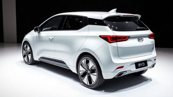 Sleek BYD Sealion 7 in showroom, futuristic design.