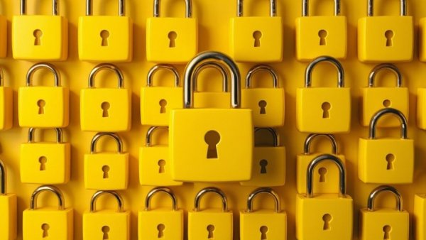 Pattern of yellow locks with one open lock for data breach protection concept.