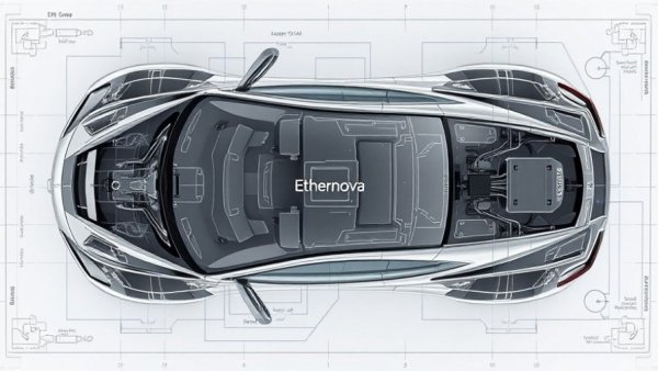 Blueprint of car with AI components labeled 'Ethernova'.