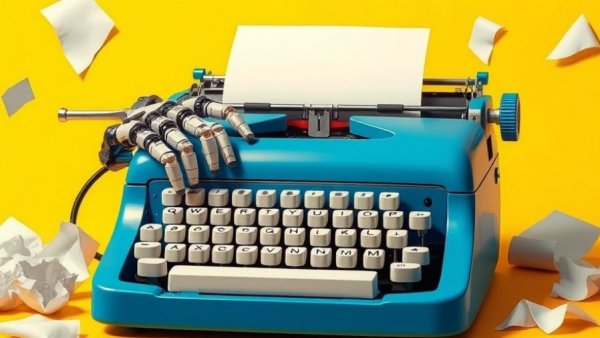 Robotic hands typing on a vintage typewriter, illustrating AI detection tools for content authenticity.