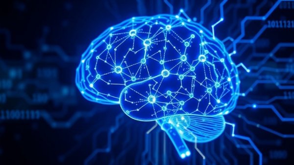 Futuristic glowing human brain with AI and binary flow.