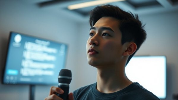 AI creativity review by young man in minimalist room.