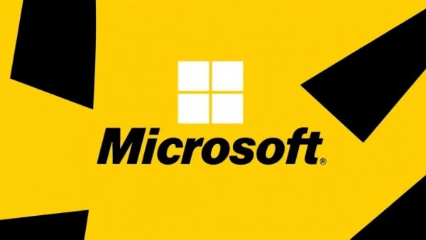 Bold Microsoft logo with abstract black shapes on yellow background.