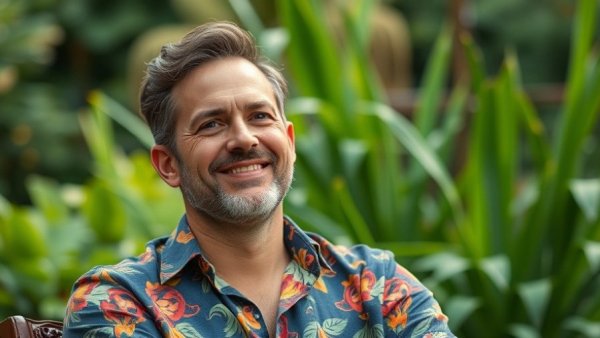 Casual man with colorful shirt sitting in garden, relaxed expression