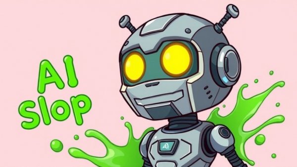 Cartoon robot ejecting AI slop, humorous illustration on pink background.