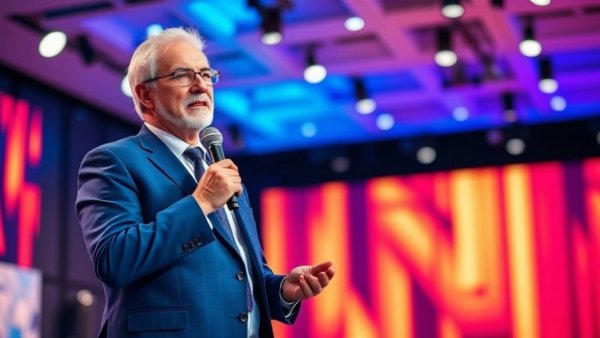 Middle-aged man presenting future technology on stage.