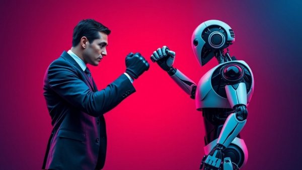 Abstract illustration of human vs robot in a boxing stance, highlighting AI Creativity vs Human Creativity.